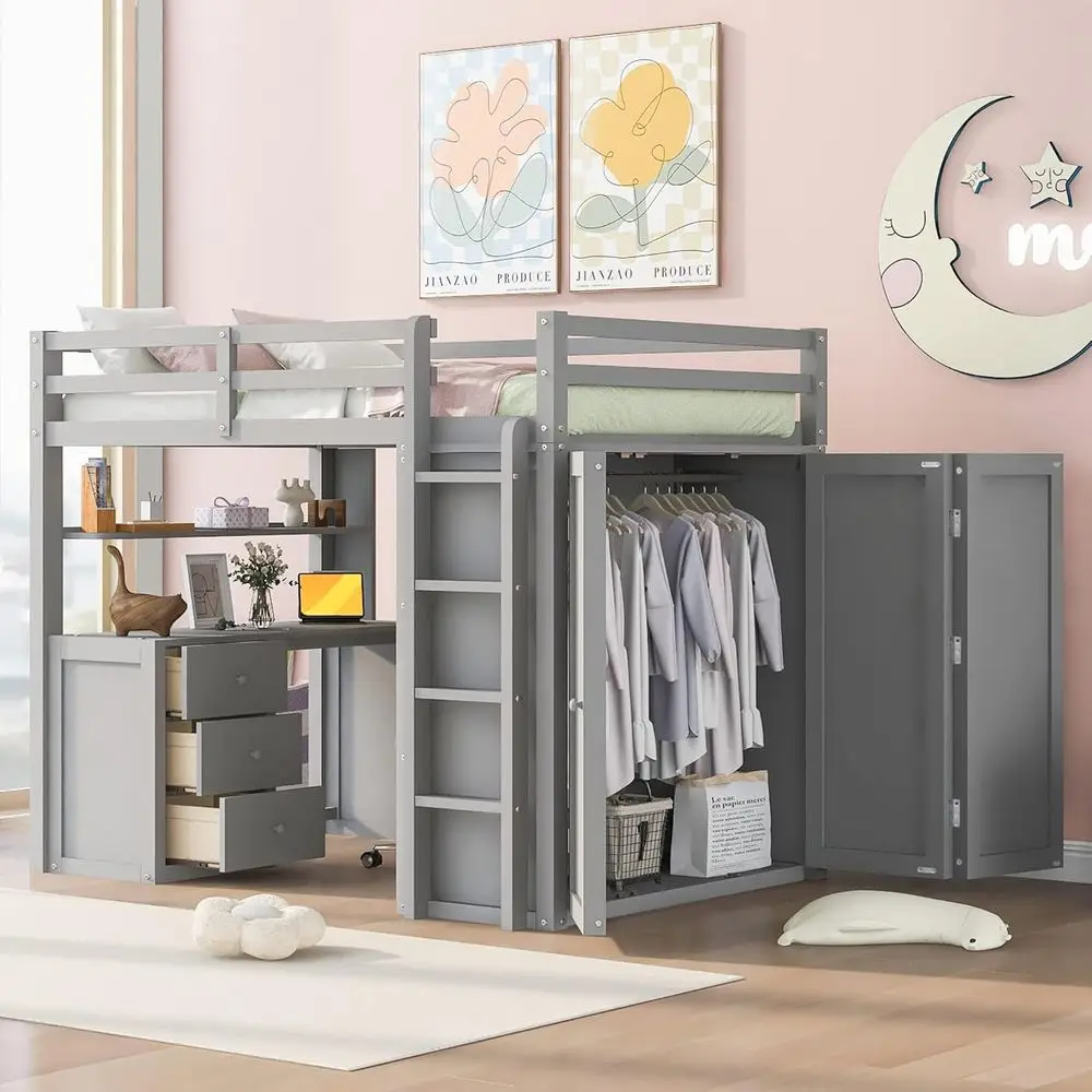 Full Size Loft Bed with Desk and Wardrobe, Wooden Storage Bed for Boys or Girls, Teens, No Box Spring Needed, Grey
Full Size Loft Bed with Desk and Wardrobe, Wooden Storage Bed for Boys or Girls, Teens, No Box Spring Needed, Grey