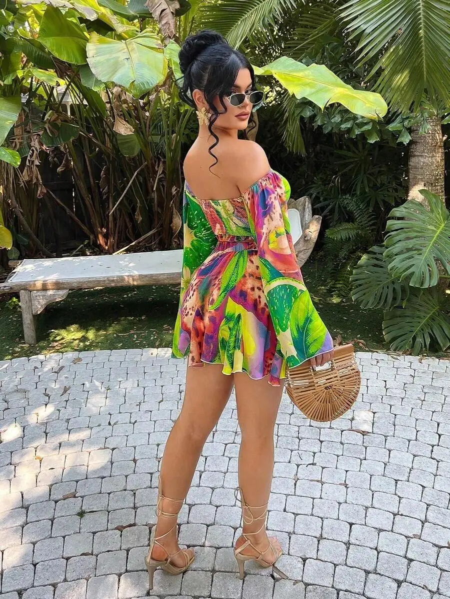 Womens Tropical Print Off-Shoulder Flare Sleeve Two Piece Set Summer Vacation Beach Outfit
Womens Tropical Print Off-Shoulder Flare Sleeve Two Piece Set Summer Vacation Beach Outfit