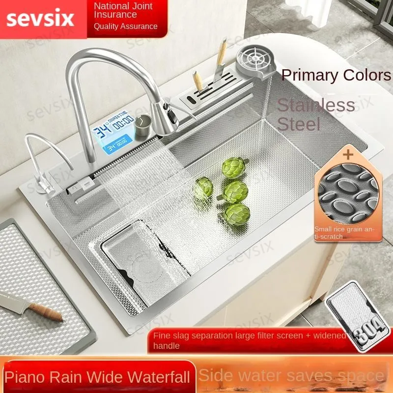 304 Stainless Steel Kitchen Sink with Digital Display & Pull-Out Faucet Honeycomb Anti-Scratch Surface Left Drain Hole Silver
304 Stainless Steel Kitchen Sink with Digital Display & Pull-Out Faucet Honeycomb Anti-Scratch Surface Left Drain Hole Silver