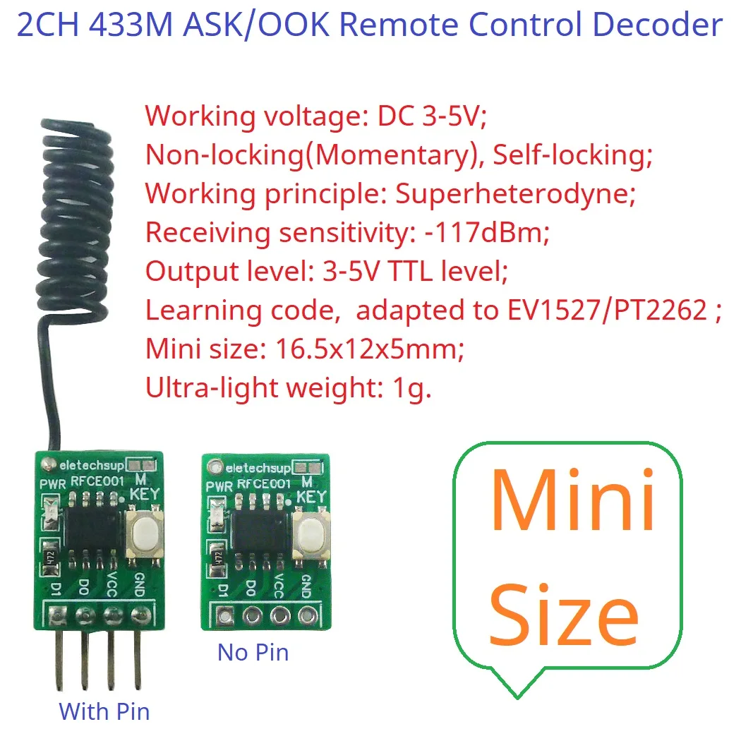 Mini 433M 2CH EV1527 PT2262 2264 Remote Control Learning Fixed Code ASK OOK Remote Control Decoding Module 3.3V 3.7V 5V RFCE001
Mini 433M 2CH EV1527 PT2262 2264 Remote Control Learning Fixed Code ASK OOK Remote Control Decoding Module 3.3V 3.7V 5V RFCE001