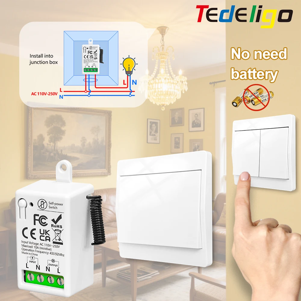 433mhz Wireless Light Switch Self-Powered Remote Controller Push Button Wall Switch On Off 110V 220V Mini Module for Lamp Fan
433mhz Wireless Light Switch Self-Powered Remote Controller Push Button Wall Switch On Off 110V 220V Mini Module for Lamp Fan