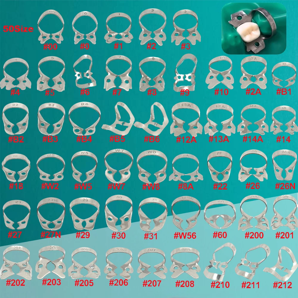 50 Size Dental Rubber Dam Clamps Stainless Steel Endodontic Restorative Barrier Clips Dentistry Orthodontic Material
50 Size Dental Rubber Dam Clamps Stainless Steel Endodontic Restorative Barrier Clips Dentistry Orthodontic Material