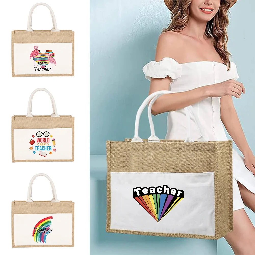 Jute Handbag Linen Shoulder Bag Teacher Letters Composed of Flowers and Butterflies Bag Women Shopping Pouch Tote Laminated Bags
Jute Handbag Linen Shoulder Bag Teacher Letters Composed of Flowers and Butterflies Bag Women Shopping Pouch Tote Laminated Bags