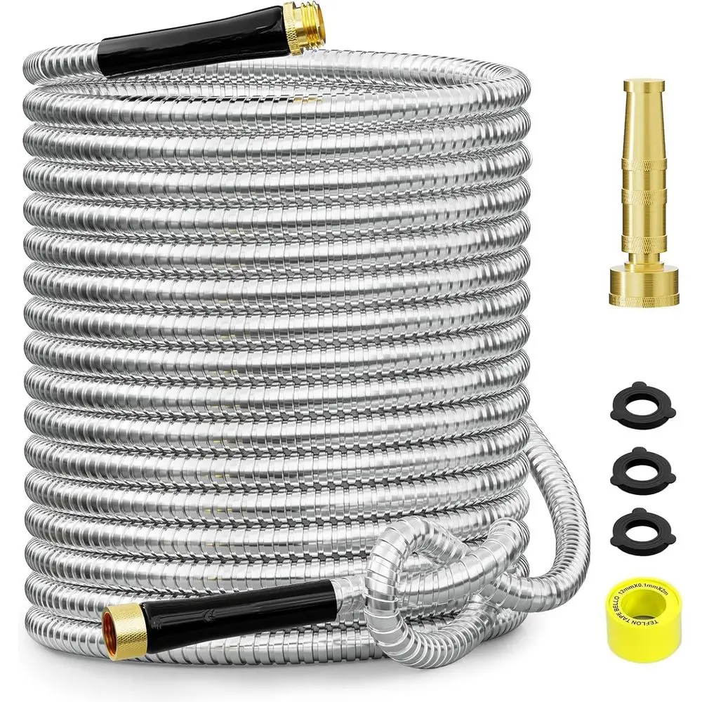 Heavy-Duty Stainless Steel Garden Hose with 3/4 Brass Connectors and Rubber Grip for Outdoor Use
Heavy-Duty Stainless Steel Garden Hose with 3/4 Brass Connectors and Rubber Grip for Outdoor Use