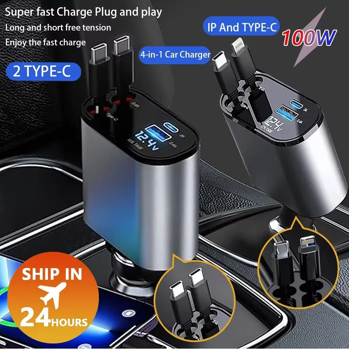 120W 4 IN 1 Car Charger with Retractable Cable and 2 USB Ports USB Type C Cigarette Lighter Adapter For
120W 4 IN 1 Car Charger with Retractable Cable and 2 USB Ports USB Type C Cigarette Lighter Adapter For