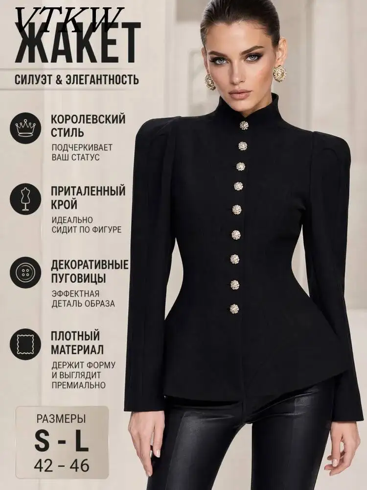 VTKW 2026 New Women Mandarin Collar Blazer Puff Shoulder Gold Buttons Fitted Waist Peplum Premium Fabric Elegant Jacket
VTKW 2026 New Women Mandarin Collar Blazer Puff Shoulder Gold Buttons Fitted Waist Peplum Premium Fabric Elegant Jacket
