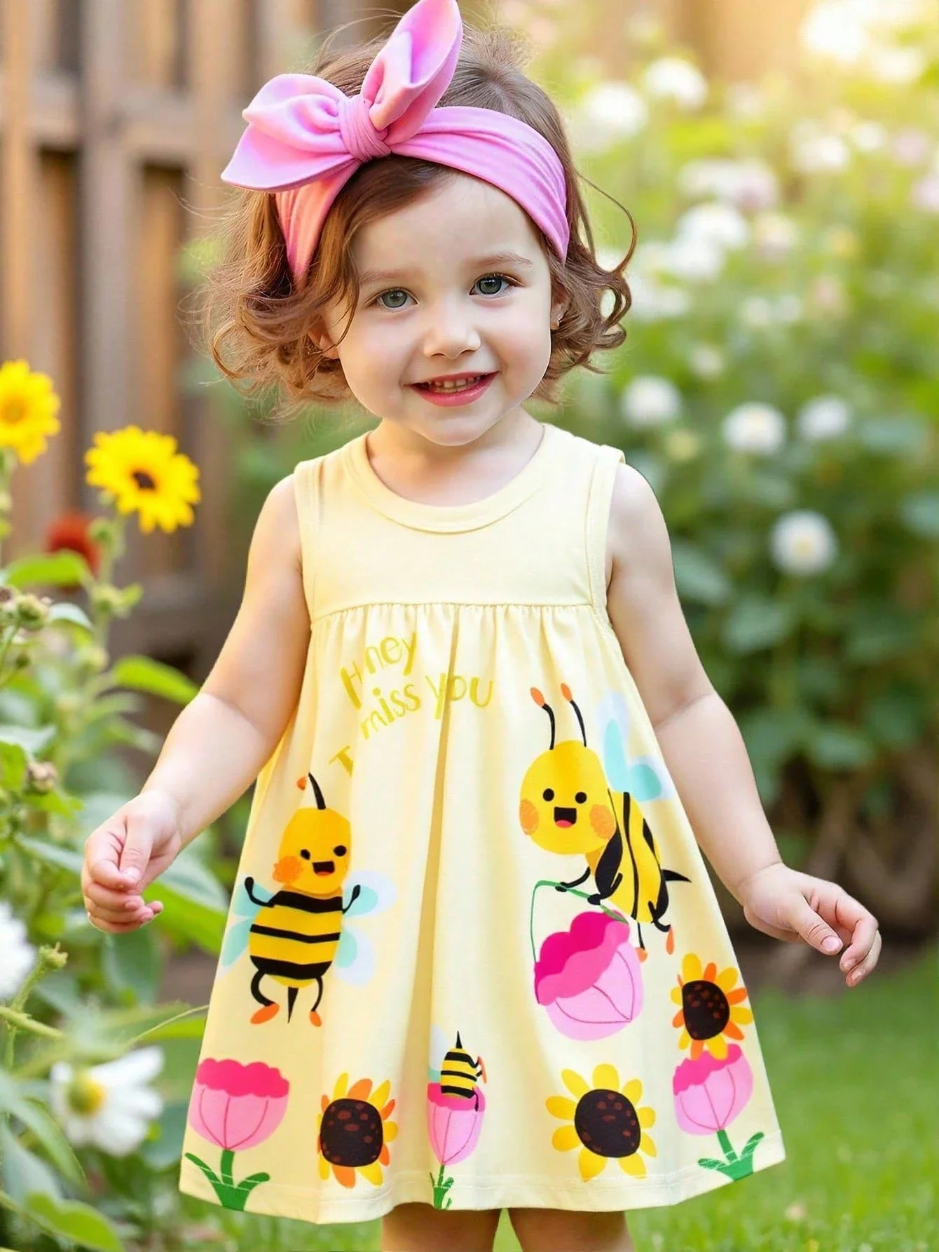 Yellow Sleeveless Dress With Bee Cartoon Print For Women
Yellow Sleeveless Dress With Bee Cartoon Print For Women