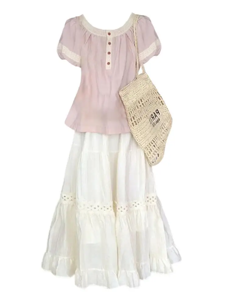 Summer Bubble Sleeve Shirt And Half Skirt Set for plus Size Women Elegant Soft Style Floral Trim Two Piece Ensemble Trendy
Summer Bubble Sleeve Shirt And Half Skirt Set for plus Size Women Elegant Soft Style Floral Trim Two Piece Ensemble Trendy