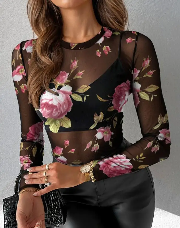 Flower Print Round Neck Long Sleeved T-Shirt Casual Slim Fit Elastic See Through Top Spring Sexy See Through Cover Top
Flower Print Round Neck Long Sleeved T-Shirt Casual Slim Fit Elastic See Through Top Spring Sexy See Through Cover Top