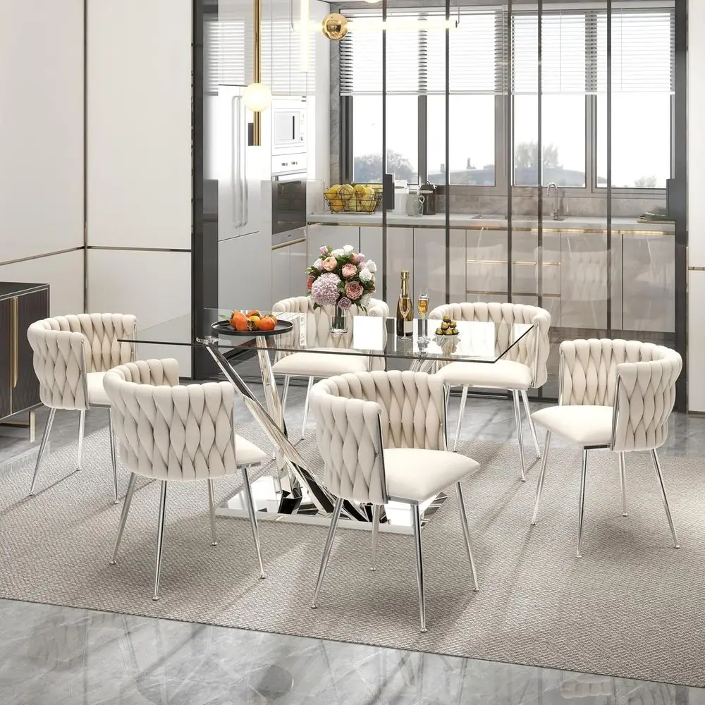 63 Tempered Glass Dining Table with V-Shaped Silver Legs & 6 Beige Woven Chairs, 7-Piece Set
63 Tempered Glass Dining Table with V-Shaped Silver Legs & 6 Beige Woven Chairs, 7-Piece Set