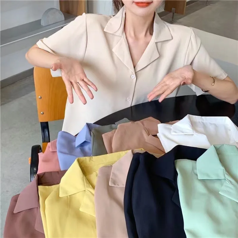 Office Lady Solid Blouse Women Colorful Korean Tops Leisure Short Sleeve Student All-match Shirt Girls Summer Button Up Blusas 
Office Lady Solid Blouse Women Colorful Korean Tops Leisure Short Sleeve Student All-match Shirt Girls Summer Button Up Blusas