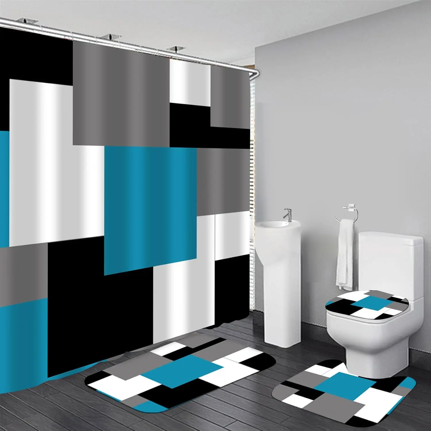4PC Blue Geometric Bathroom Set - Shower Curtain with Non-Slip Mats, Toilet Cover & Bath Rug, Waterproof Black Gray Decor
4PC Blue Geometric Bathroom Set - Shower Curtain with Non-Slip Mats, Toilet Cover & Bath Rug, Waterproof Black Gray Decor