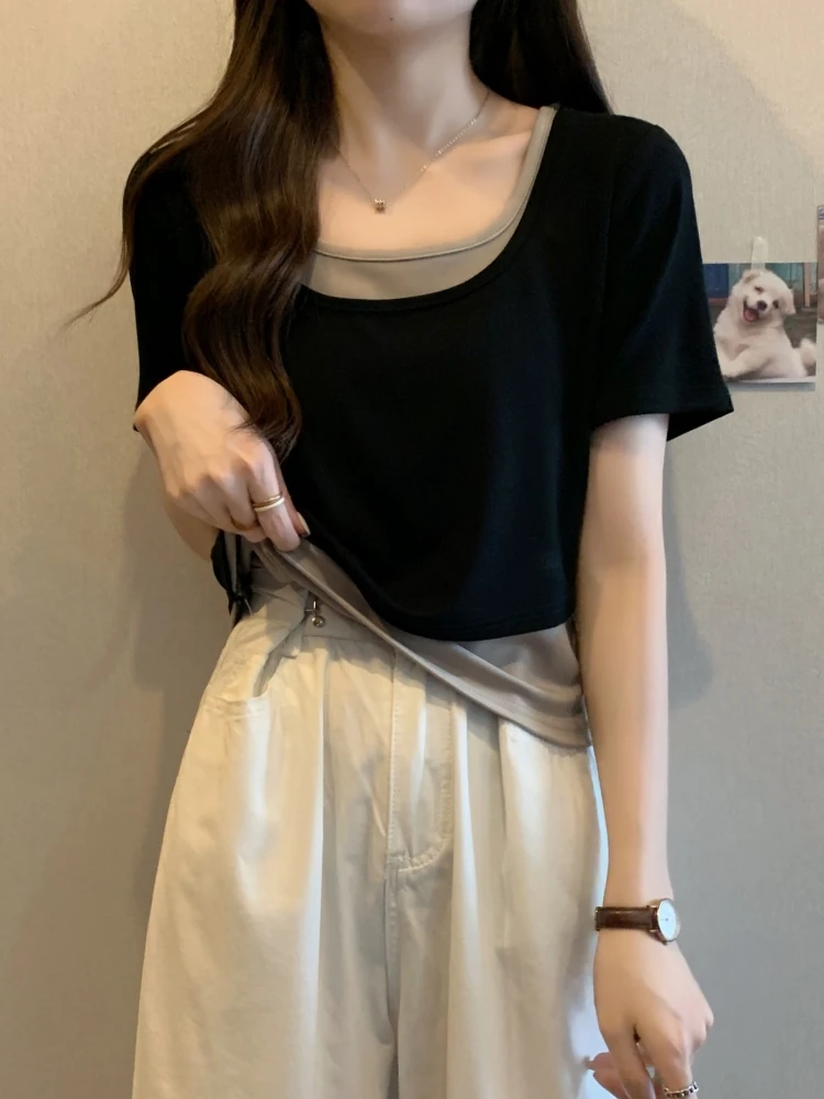 Slimming Short Sleeve T-Shirt Women's Base Shirt Summer New Style plus Size Micro Plump MM Short Length Fake Two-Piece Small Top
Slimming Short Sleeve T-Shirt Women's Base Shirt Summer New Style plus Size Micro Plump MM Short Length Fake Two-Piece Small Top