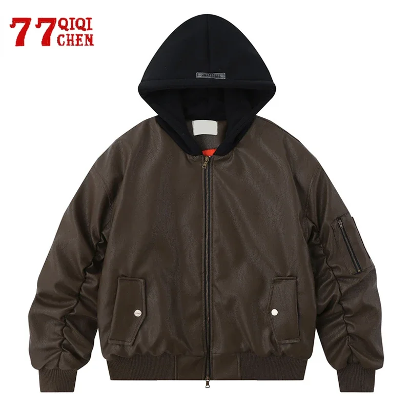 Vintage Faux Leather Jacket Men Solid Color Multiple Pockets Hooded Motorcycle Jackets Fashion Casual Loose Bomber Coat Autumn
Vintage Faux Leather Jacket Men Solid Color Multiple Pockets Hooded Motorcycle Jackets Fashion Casual Loose Bomber Coat Autumn