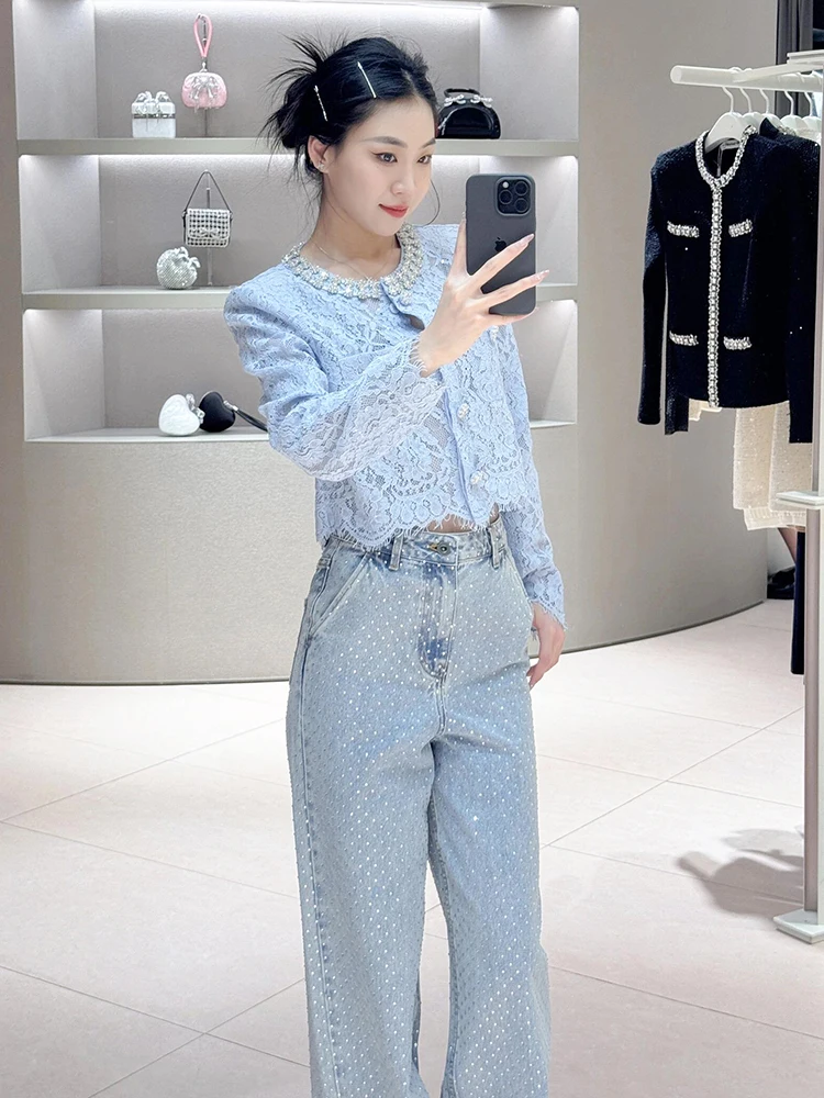 High Waist Long Wide Leg Denim Jeans Sparkling Heavy Du Rhinestones Women's Premium Faion Summer Casual Blue Jeans
High Waist Long Wide Leg Denim Jeans Sparkling Heavy Du Rhinestones Women's Premium Faion Summer Casual Blue Jeans