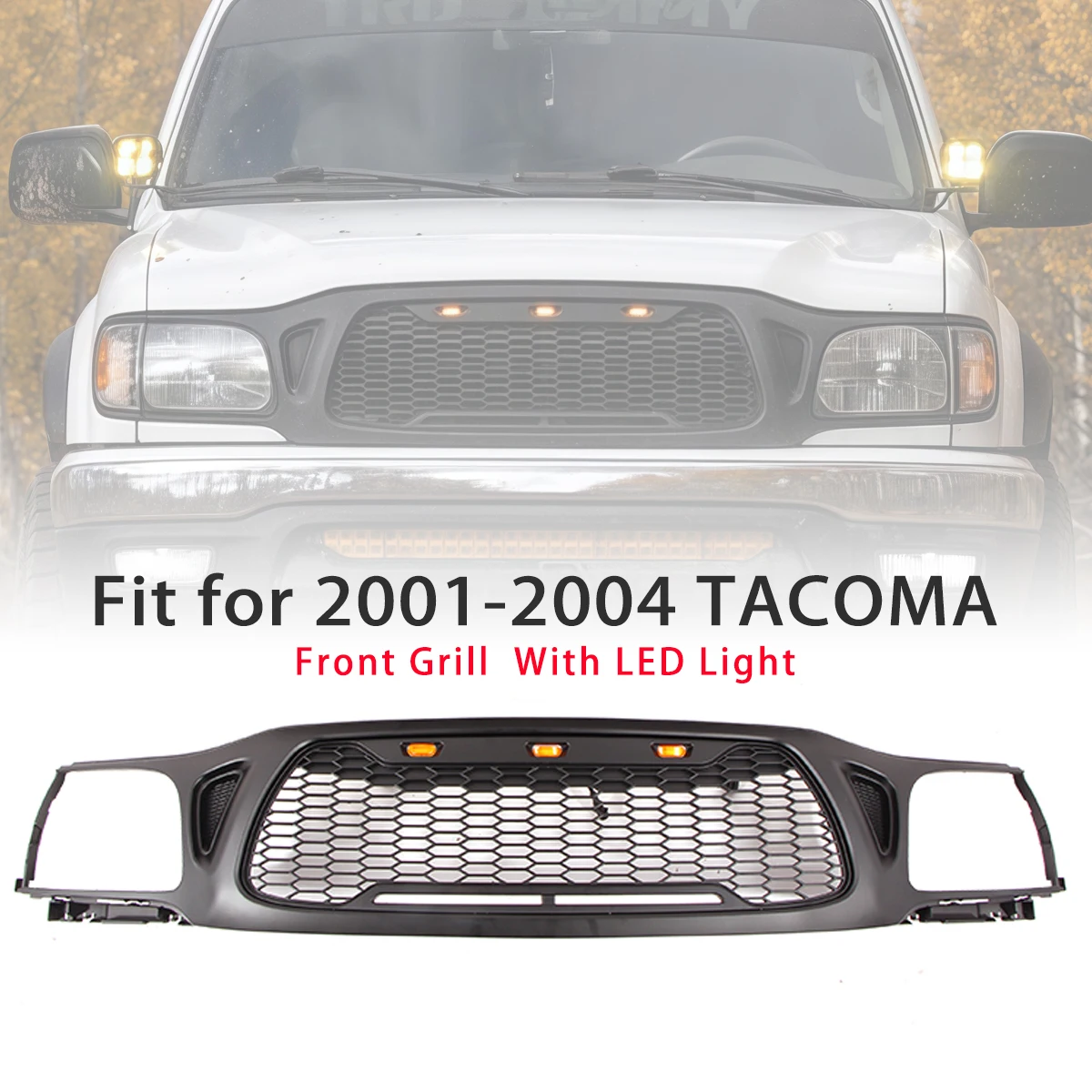 Front Grille Fit For 2001-2004 Toyota Tacoma Honeycomb style Grill Matte Black With LED lights
Front Grille Fit For 2001-2004 Toyota Tacoma Honeycomb style Grill Matte Black With LED lights