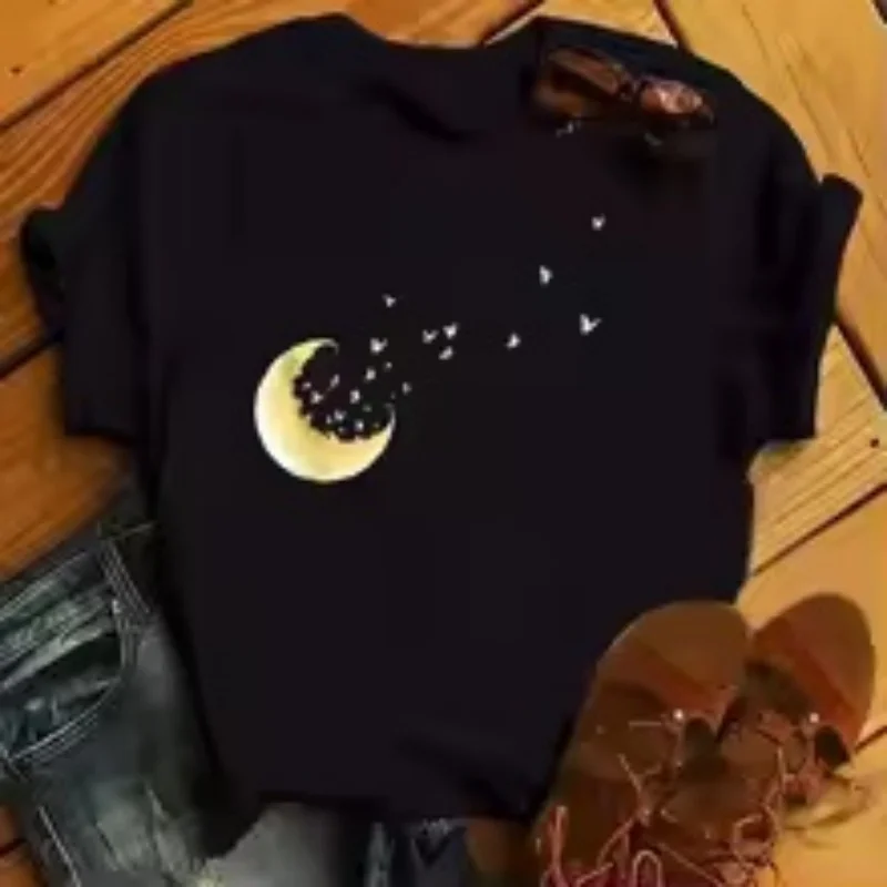 Summer fashion girl's fun crescent butterfly print women's round neck short sleeved comfortable T-shirt gift top
Summer fashion girl's fun crescent butterfly print women's round neck short sleeved comfortable T-shirt gift top