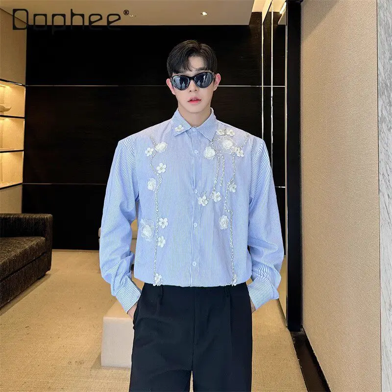 Spring Autumn New Korean Style Men's Flower Rhinestone Blue Striped Loose Casual Turn-Down Collar Long Sleeve Shirt
Spring Autumn New Korean Style Men's Flower Rhinestone Blue Striped Loose Casual Turn-Down Collar Long Sleeve Shirt
