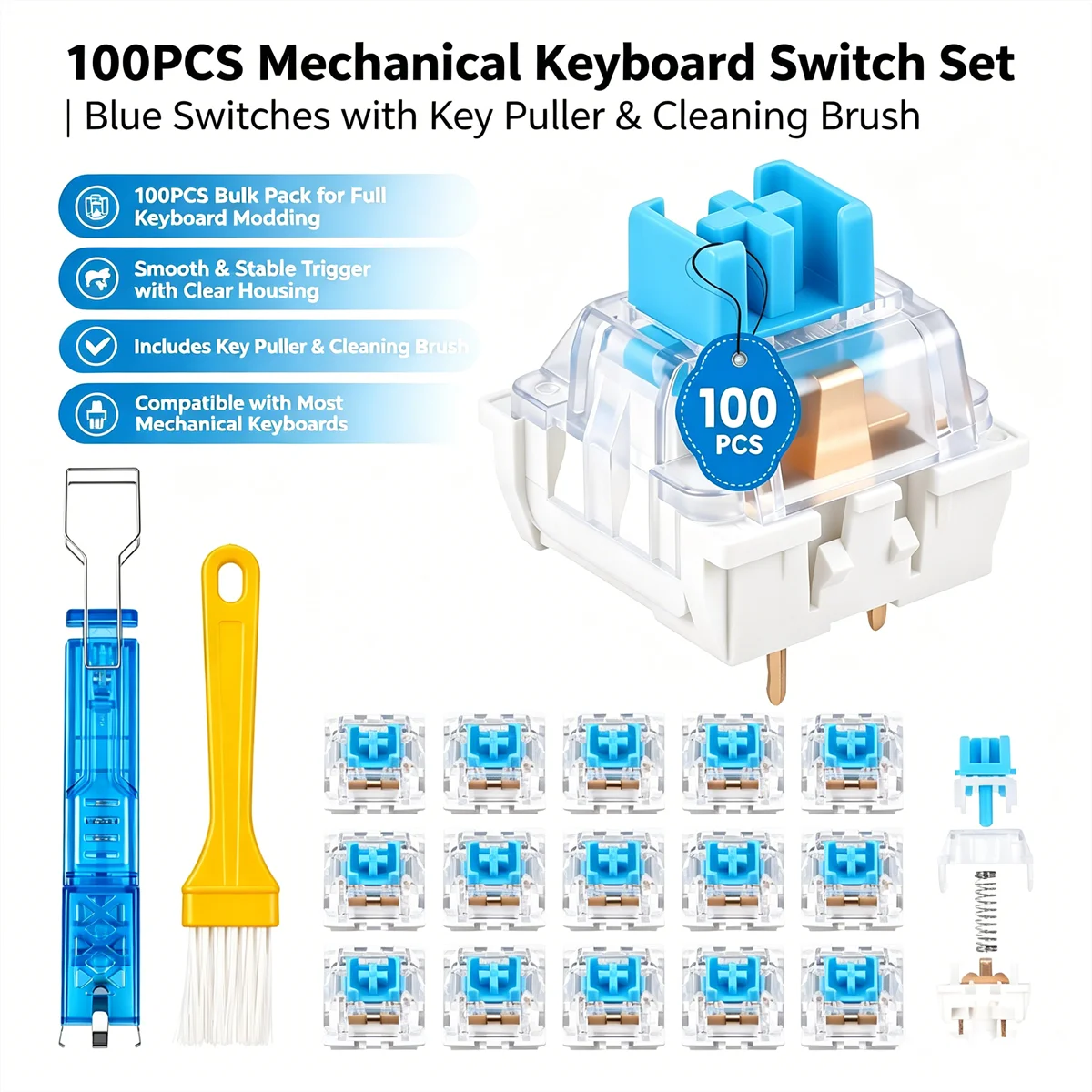 100Pcs Mechanical Keyboard Switches Blue Tactile Clicky Hot Swap 3 Pin Gaming Switch Kit with Keycap Puller Cleaning Brush
100Pcs Mechanical Keyboard Switches Blue Tactile Clicky Hot Swap 3 Pin Gaming Switch Kit with Keycap Puller Cleaning Brush