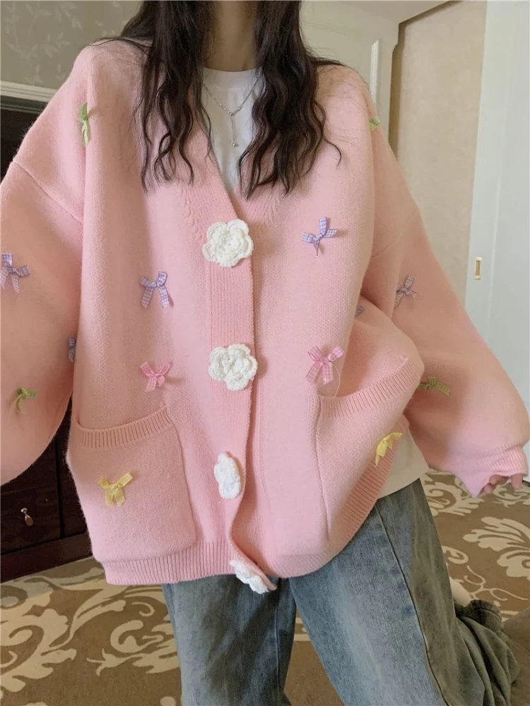 Autumn Winter New Cute Cozy Cardigan Women Sweet Candy-colored Bow V-neck Three-dimensional Flower Lazy Style Sweaters
Autumn Winter New Cute Cozy Cardigan Women Sweet Candy-colored Bow V-neck Three-dimensional Flower Lazy Style Sweaters