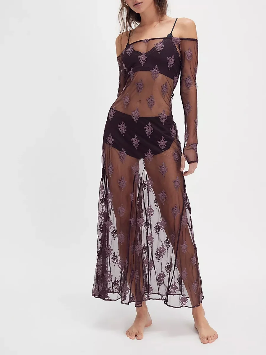 Womens Off Shoulder Swimming Cover ups Sheer See Through Solid Flower Embroidery Boat Neck Long Sleeve Long Dress Beachwear
Womens Off Shoulder Swimming Cover ups Sheer See Through Solid Flower Embroidery Boat Neck Long Sleeve Long Dress Beachwear