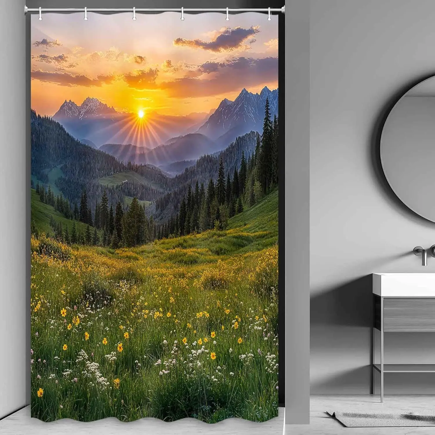 Sunset Mountain Forest Shower Curtain – Wildflowers & Pine Trees, Rustic Nature Bathroom Decor 12PCS Hooks 71X71Inch
Sunset Mountain Forest Shower Curtain – Wildflowers & Pine Trees, Rustic Nature Bathroom Decor 12PCS Hooks 71X71Inch