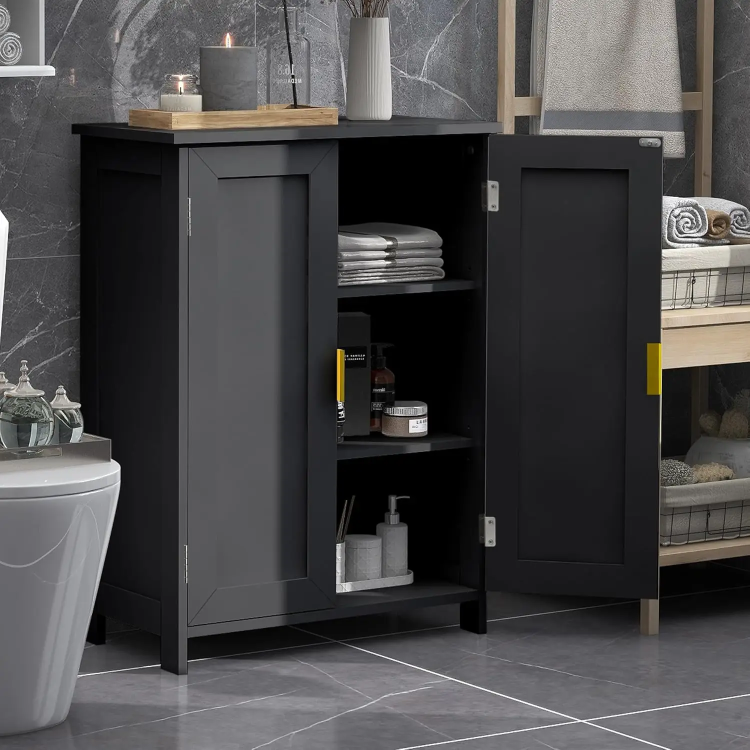Black Bathroom Storage Cabinet Freestanding with 2 Doors for Towels, Toilet Paper, Small Space
Black Bathroom Storage Cabinet Freestanding with 2 Doors for Towels, Toilet Paper, Small Space