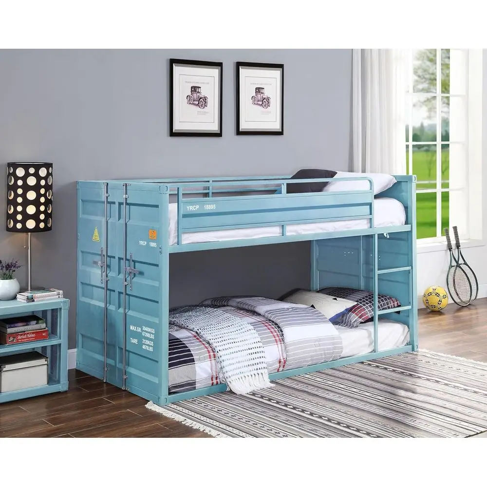 Cargo Container Style Metal Twin Over Twin Bunk Bed in Aqua Blue
Cargo Container Style Metal Twin Over Twin Bunk Bed in Aqua Blue