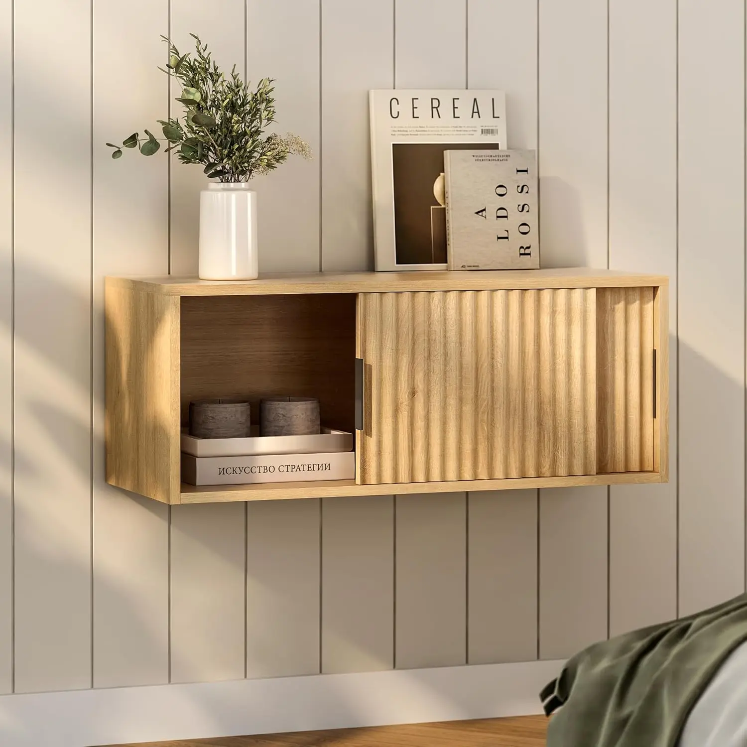 Fluted Floating Wall Cabinet Sliding Doors Large Nightstand Storage Shelf Bedroom Study Natural Oak, Customized
Fluted Floating Wall Cabinet Sliding Doors Large Nightstand Storage Shelf Bedroom Study Natural Oak, Customized