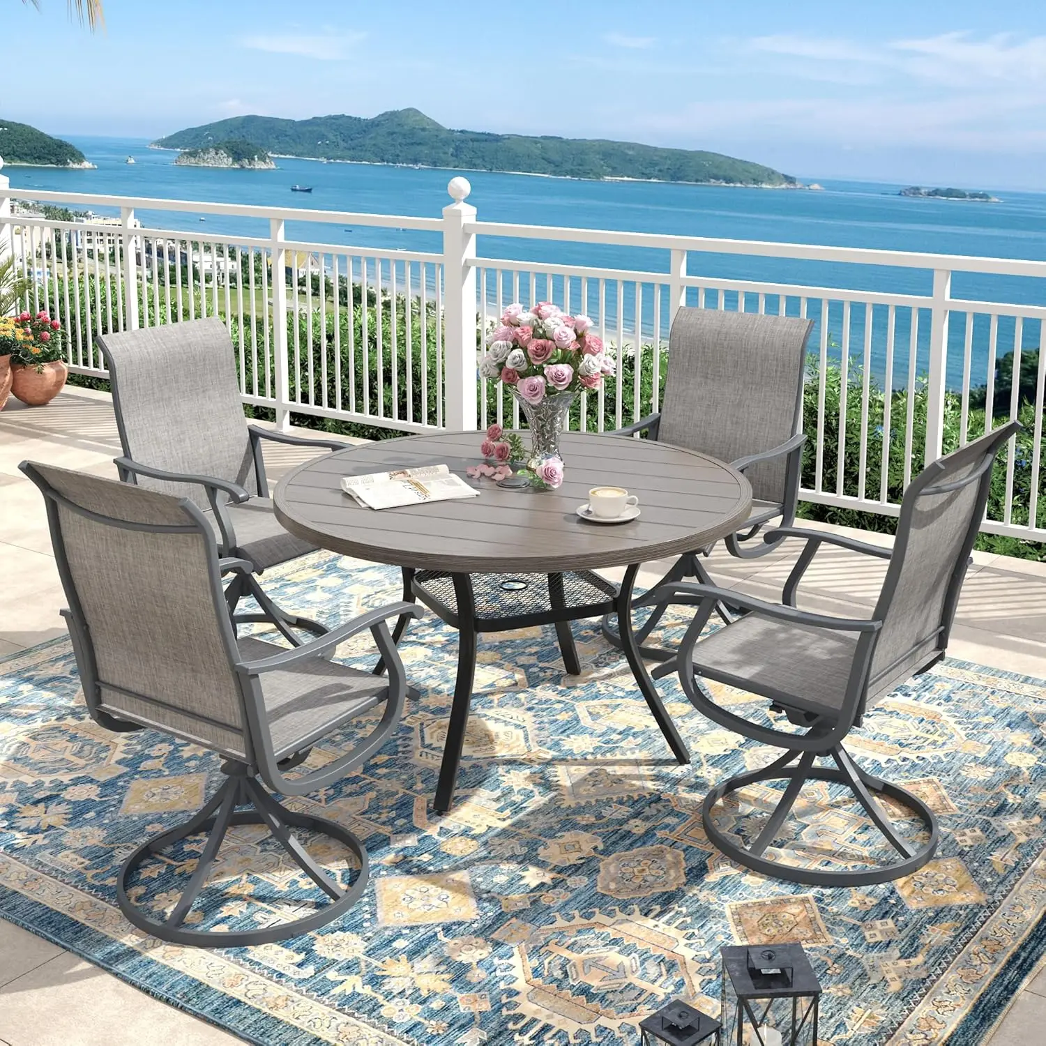 40.6" Metal Round Outdoor Dining Set 4 Swivel Sling Chairs Umbrella Hole Garden Backyard 5pc,Grey,Customized
40.6" Metal Round Outdoor Dining Set 4 Swivel Sling Chairs Umbrella Hole Garden Backyard 5pc,Grey,Customized