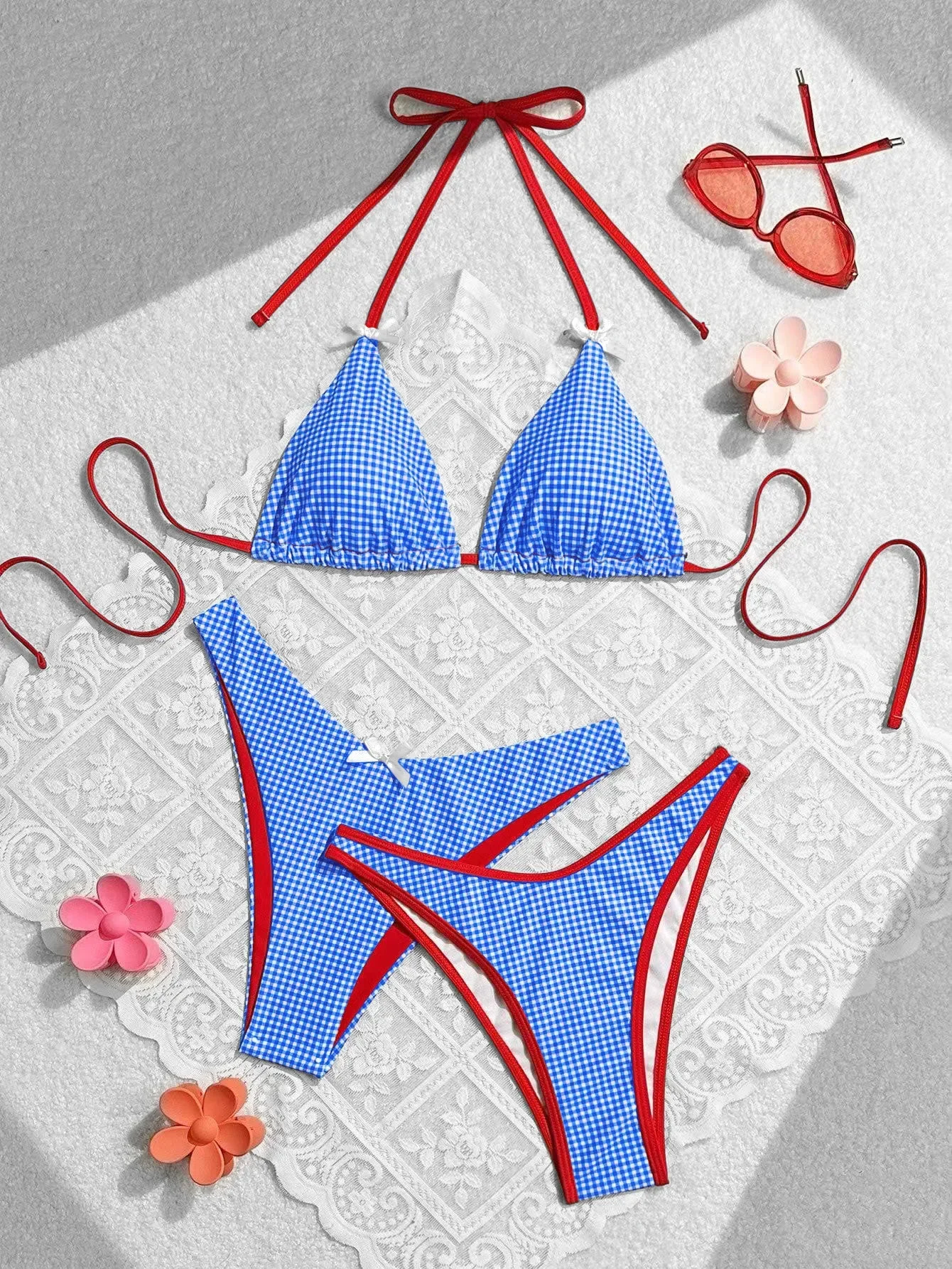 Women's Checkered Print Bikini 3 Piece Set Sweet Wind Bow Swimsuit Sexy Triangle Bra Halter Backless Beach Swimwear 2024 New
Women's Checkered Print Bikini 3 Piece Set Sweet Wind Bow Swimsuit Sexy Triangle Bra Halter Backless Beach Swimwear 2024 New
