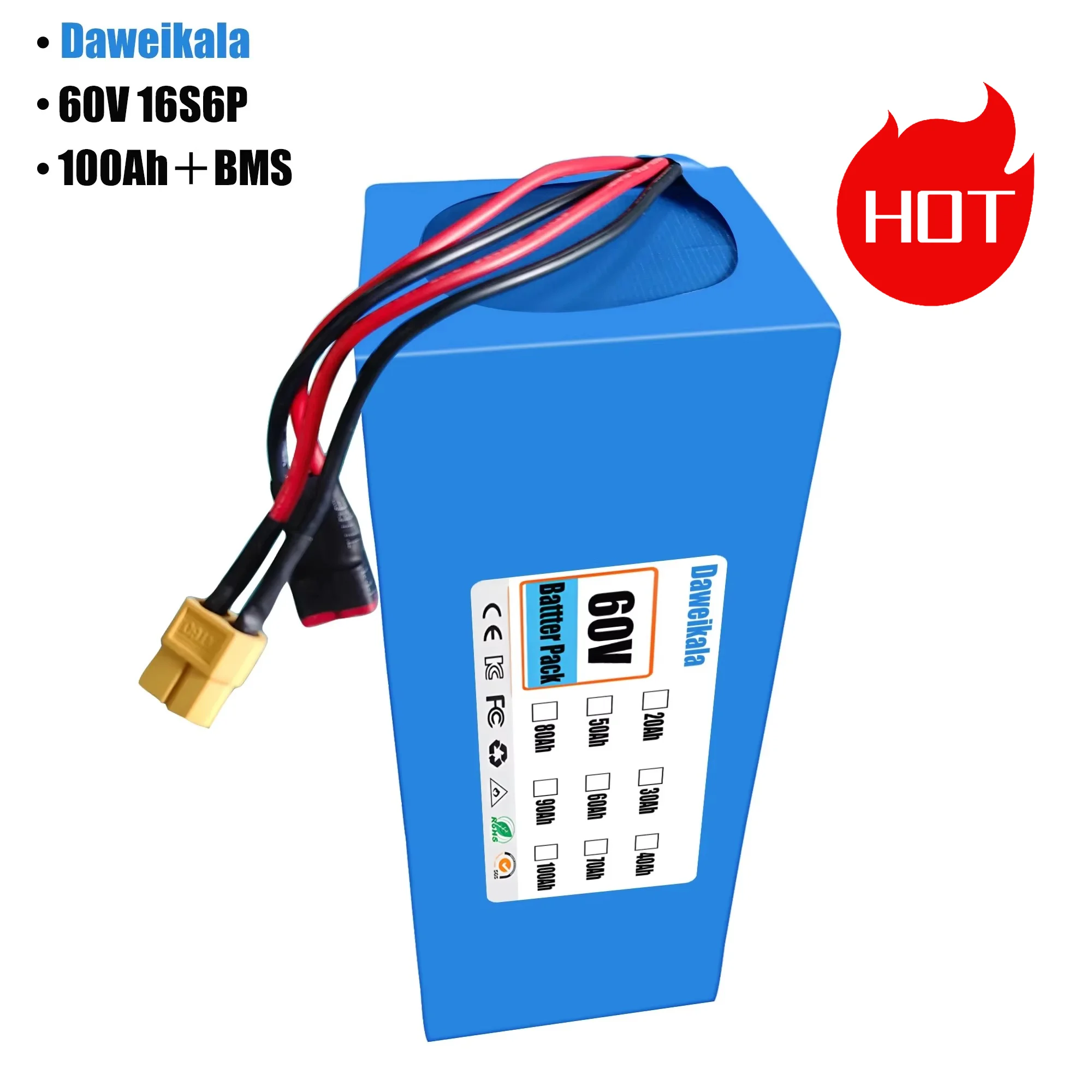 60V 100Ah Li-ion Battery Pack (16S6P) - 2500W for E-Bikes & Scooters | Includes 67.2V Charger
60V 100Ah Li-ion Battery Pack (16S6P) - 2500W for E-Bikes & Scooters | Includes 67.2V Charger