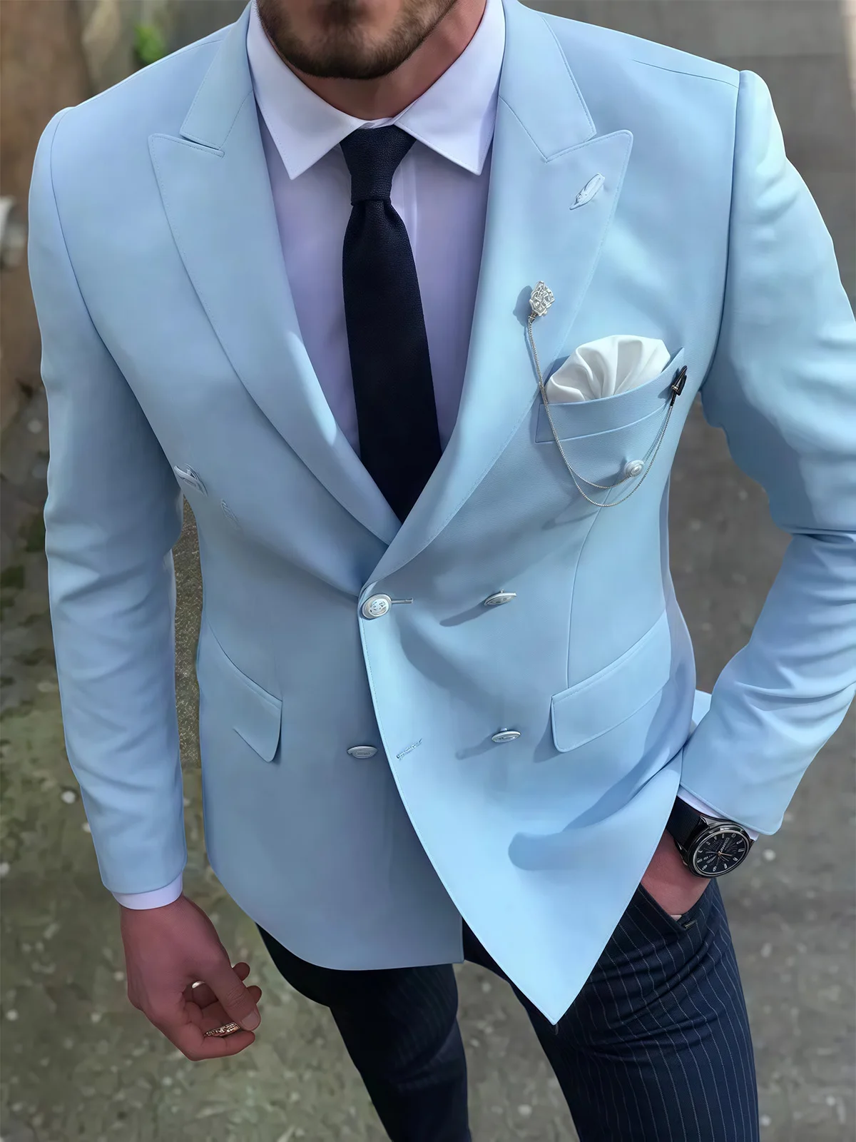 Sky Blue Casual Peaked Lapel Suits for Men Slim Fit Double Breasted Tuxedo Boys Suit Trajes De Hombre Anzug Herren Men Suits
Sky Blue Casual Peaked Lapel Suits for Men Slim Fit Double Breasted Tuxedo Boys Suit Trajes De Hombre Anzug Herren Men Suits