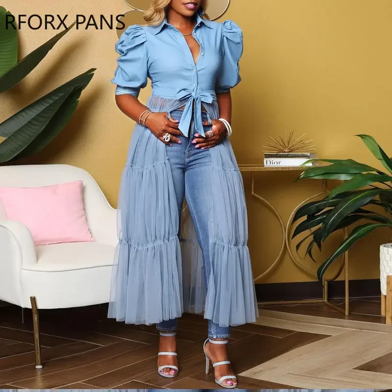 Women Fashion Solid Half Long Puff Sleeves Turn Down Collar Mesh Pacthwork Blouses Tops
Women Fashion Solid Half Long Puff Sleeves Turn Down Collar Mesh Pacthwork Blouses Tops