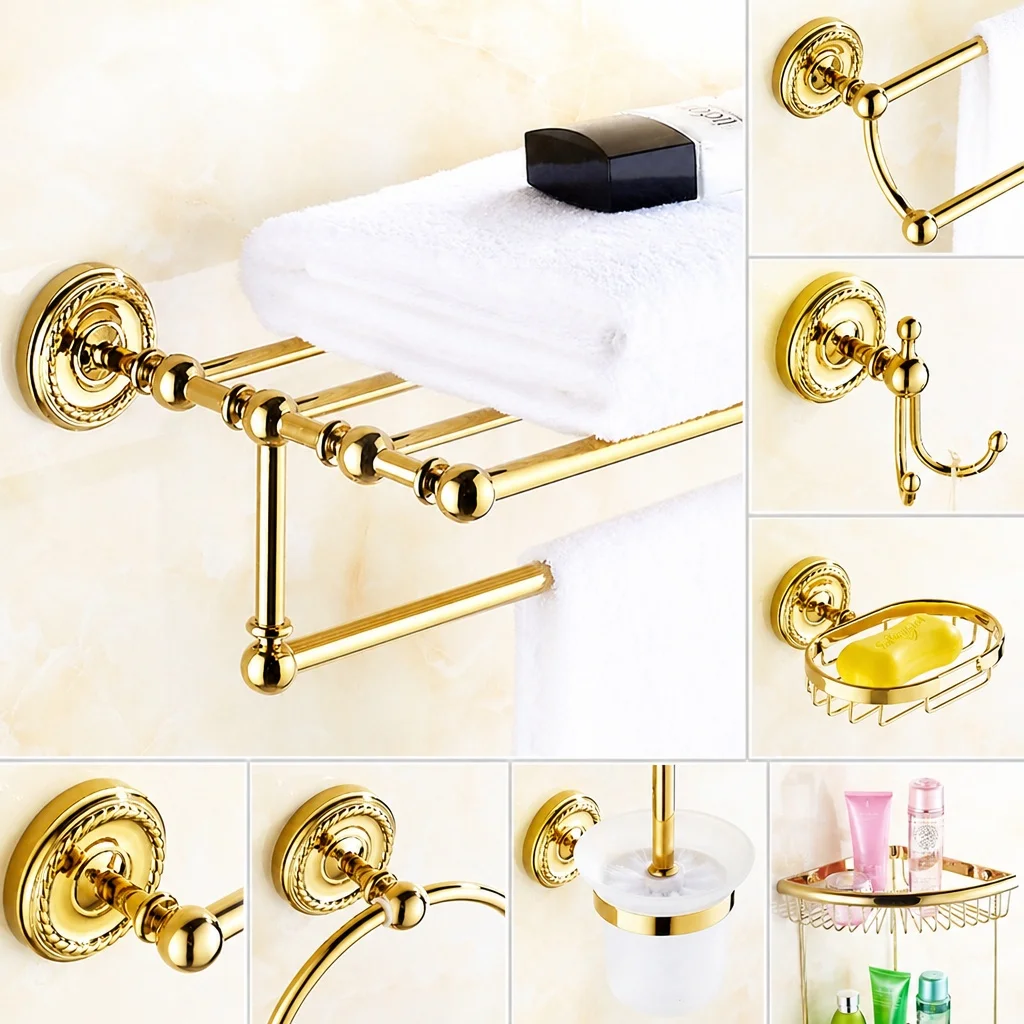 Luxury Gold Brass Bathroom Accessories Set,Robe hook,Paper Holder,Towel Bar,Towel Ring,bathroom sets, Gold Towel Rack,Soap Dish
Luxury Gold Brass Bathroom Accessories Set,Robe hook,Paper Holder,Towel Bar,Towel Ring,bathroom sets, Gold Towel Rack,Soap Dish
