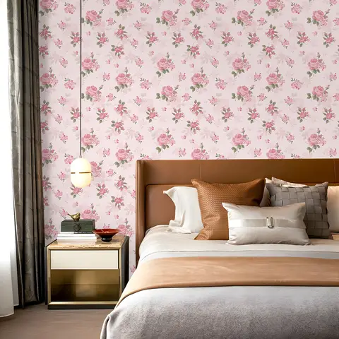 Self Adhesive Vinyl Floral Wallpaper Removable Pink Rose Flower Peel and Stick Wall Paper for Bedroom Cabinet Contact Paper