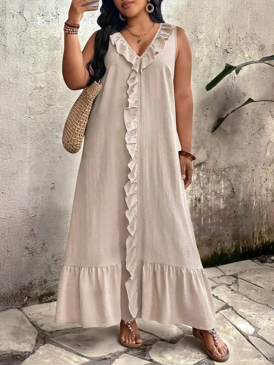 Plus Size V-Neck Sleeveless Ruffle Hem Maxi Dress
Plus Size V-Neck Sleeveless Ruffle Hem Maxi Dress