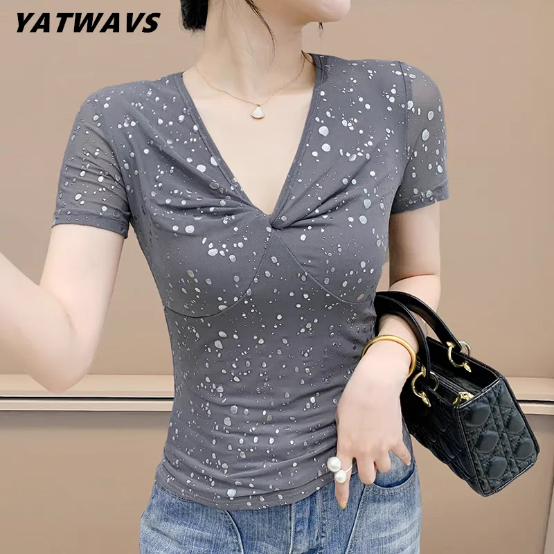 Summer New Women's European T-Shirt Sexy V-Neck Fashion Shiny Tops Female Blouse Casual Short Sleeve Slim Mesh Tees 2025
Summer New Women's European T-Shirt Sexy V-Neck Fashion Shiny Tops Female Blouse Casual Short Sleeve Slim Mesh Tees 2025
