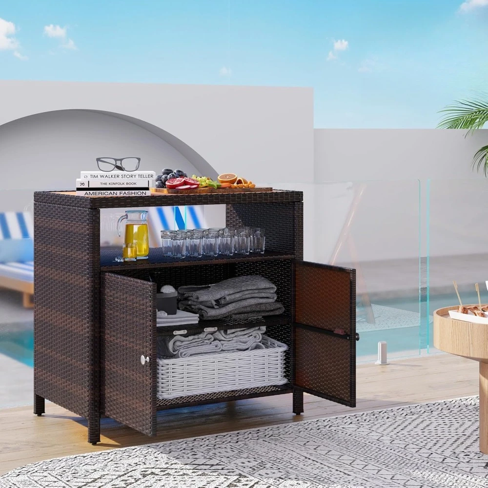 Плетеный шкаф для хранения на открытом воздухе, Плетеная уличная барная стойка, Столешница из дерева акации, Двойные двери с полками
Плетеный шкаф для хранения на открытом воздухе, Плетеная уличная барная стойка, Столешница из дерева акации, Двойные двери с полками