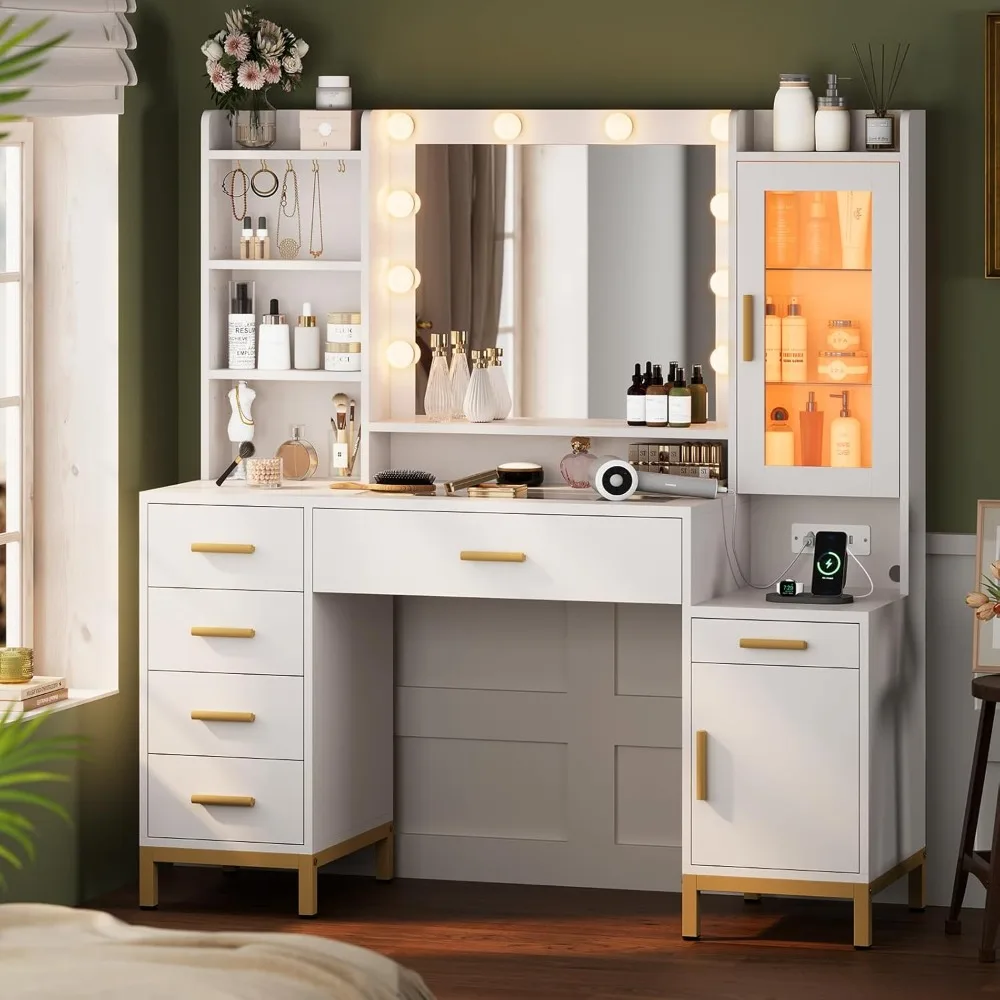 49.2'' White Large Vanity Desk with Lighted Mirror,Charging Station,6 Drawers and RGB Cabinets, 3 Lights Mode
49.2'' White Large Vanity Desk with Lighted Mirror,Charging Station,6 Drawers and RGB Cabinets, 3 Lights Mode