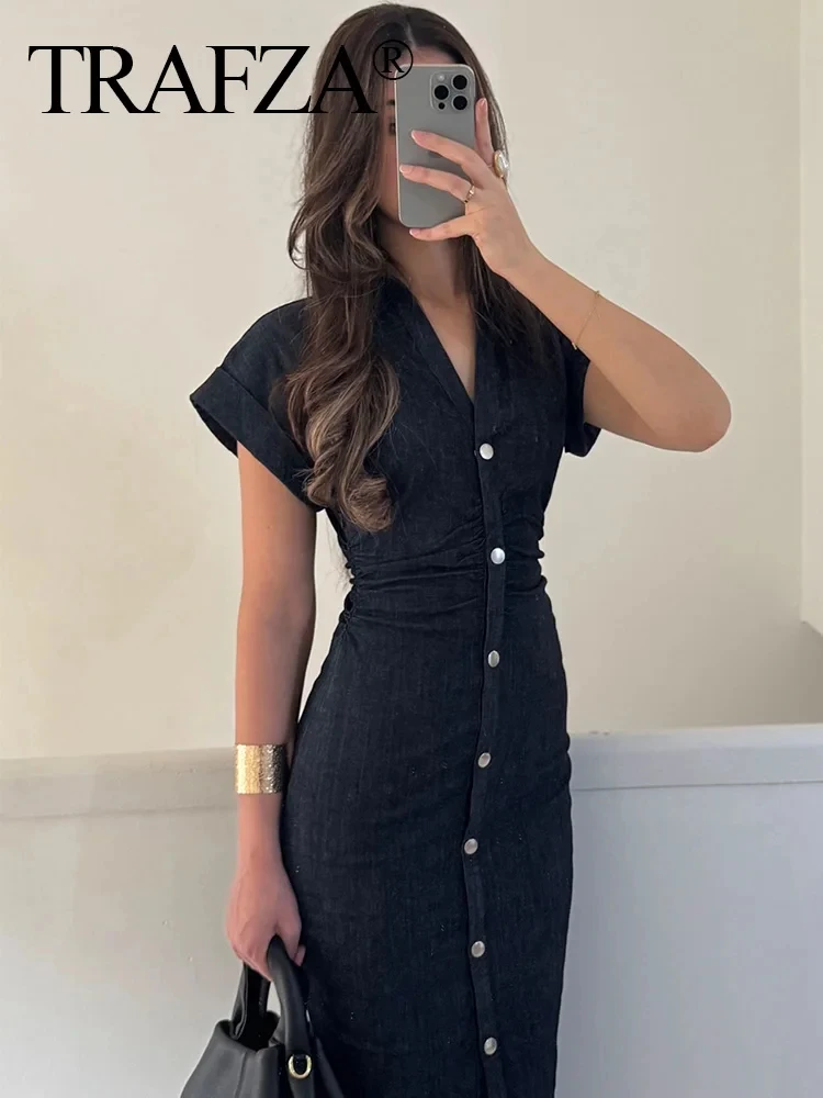 TRAFZA Women Summer Fashion Solid Single Breasted Pleated Design Dress Woman Denim Turn Down Collar Short Sleeve Midi Dress
TRAFZA Women Summer Fashion Solid Single Breasted Pleated Design Dress Woman Denim Turn Down Collar Short Sleeve Midi Dress