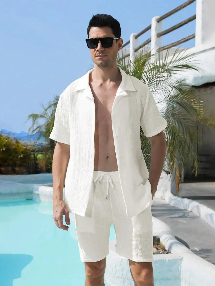 Mens 2-Piece Summer Beach Set: Button-Down Shirt And Drawstring Shorts
Mens 2-Piece Summer Beach Set: Button-Down Shirt And Drawstring Shorts