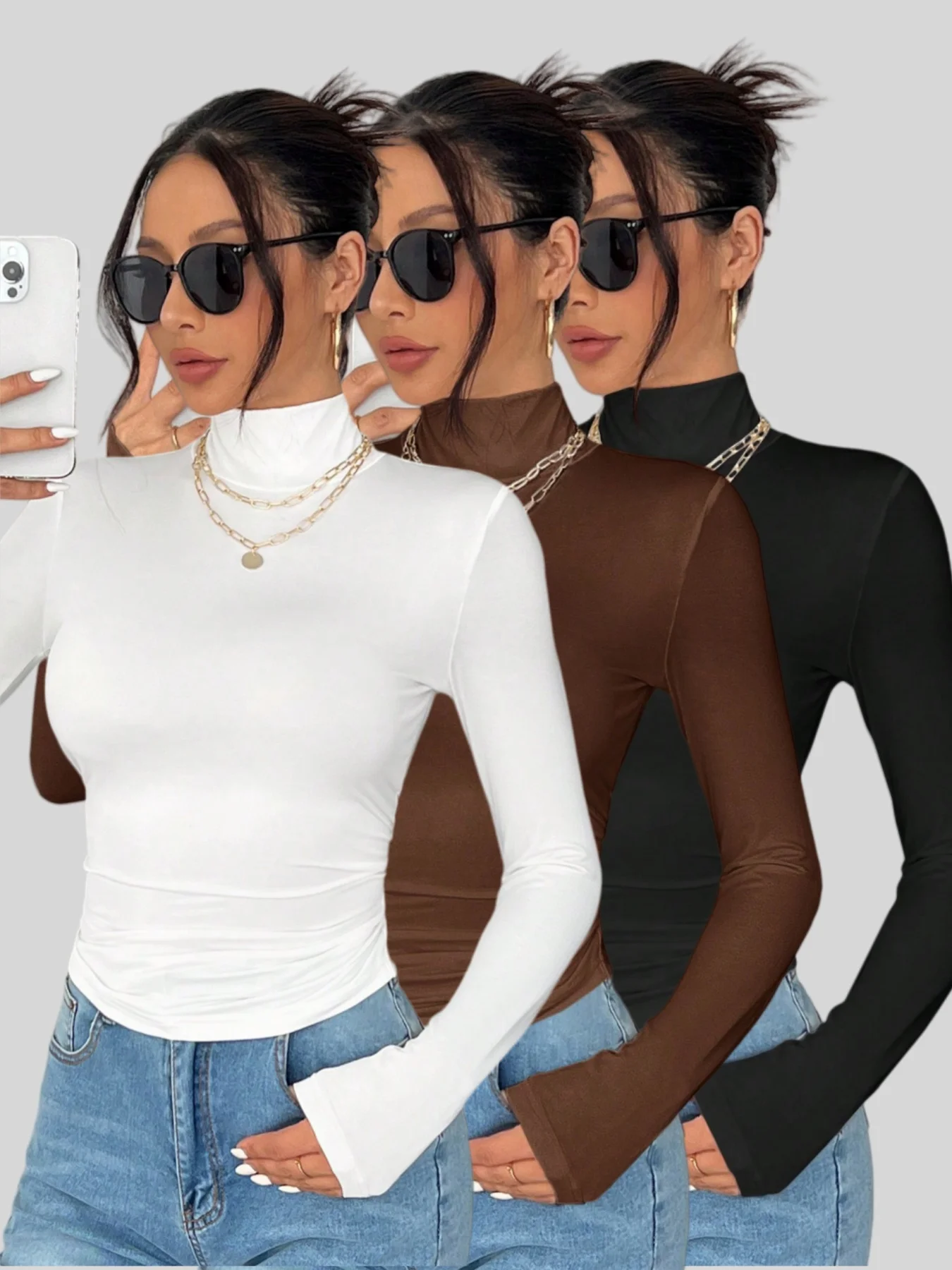 New European and American fashion solid-color high-neck long-sleeved T-shirt set of three pieces.
New European and American fashion solid-color high-neck long-sleeved T-shirt set of three pieces.