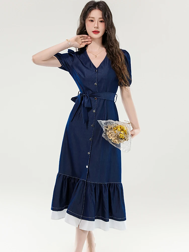 Summer retro single-breasted loose casual ruffled short-sleeve denim-colored dress
Summer retro single-breasted loose casual ruffled short-sleeve denim-colored dress