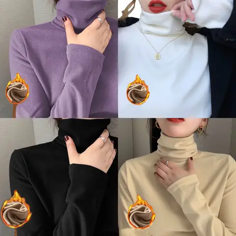 Women's Thermal Underwear Autumn Winter Warm Bottom Shirt Turtleneck Pullover Knitwear De Velvet Solid Color Pile Neck Tops