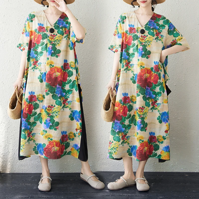 Summer New Cotton Print Splice Loose Casual Overhead V-Neck Short Sleeve Wide Hem Dress Women's Casual Straight Tube Dress
Summer New Cotton Print Splice Loose Casual Overhead V-Neck Short Sleeve Wide Hem Dress Women's Casual Straight Tube Dress