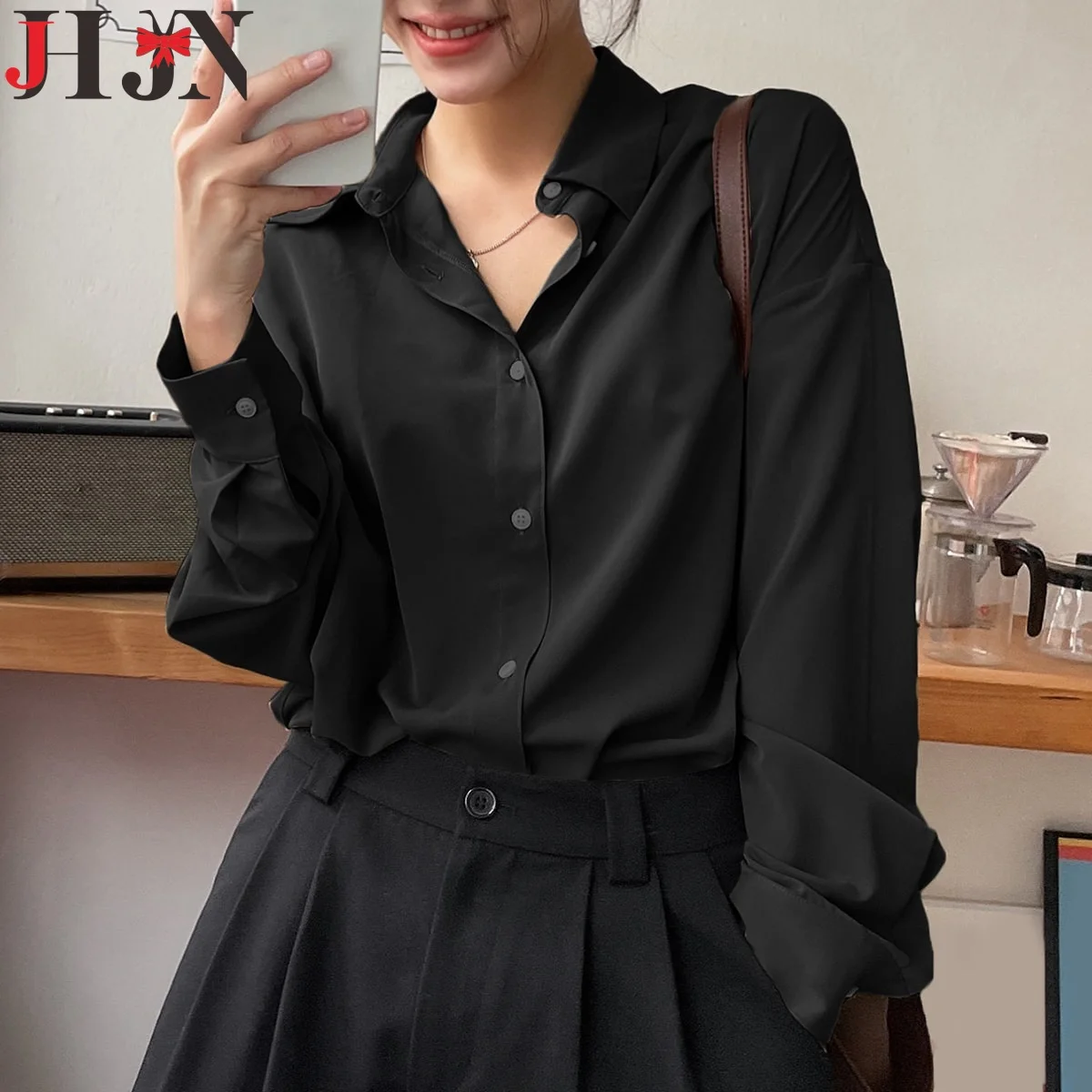 JHJN Casual Women Shirt Black Single-Breasted Blouse Turn-Down Collar Long Sleeves Shirts Cool Girl Jacket Office Lady Blouses
JHJN Casual Women Shirt Black Single-Breasted Blouse Turn-Down Collar Long Sleeves Shirts Cool Girl Jacket Office Lady Blouses