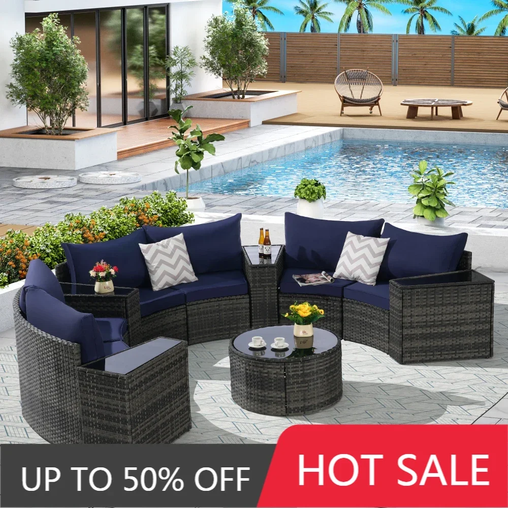Outdoor 11-Piece Half-Moon Sectional Round Patio Furniture Set Sofa with Tempered Glass Round Coffee Table, Garden, Dark Blue
Outdoor 11-Piece Half-Moon Sectional Round Patio Furniture Set Sofa with Tempered Glass Round Coffee Table, Garden, Dark Blue