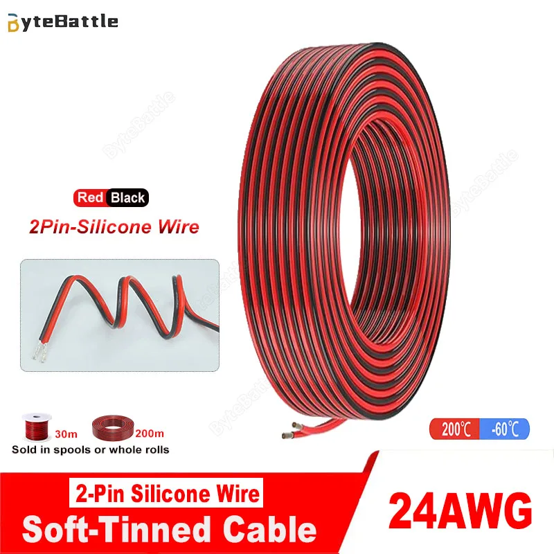 2-pin 24AWG Red Black Super Soft Silicone Wire 24 Gauge Temperature Resistant 200°C 0.08mm*40 Multi-strand Tinned Copper Cable
2-pin 24AWG Red Black Super Soft Silicone Wire 24 Gauge Temperature Resistant 200°C 0.08mm*40 Multi-strand Tinned Copper Cable