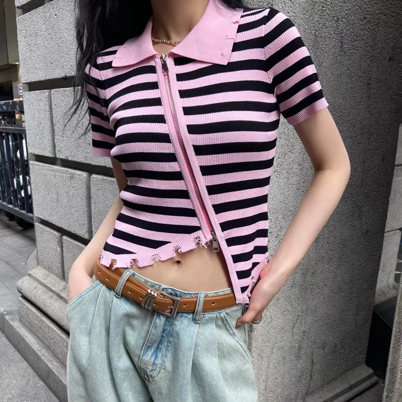 Boring Honey Summer Fashion Striped Asymmetrical Short Sleeve T-Shirt Zipper Crop Tops Women High Street Slim T-Shirts Women
Boring Honey Summer Fashion Striped Asymmetrical Short Sleeve T-Shirt Zipper Crop Tops Women High Street Slim T-Shirts Women
